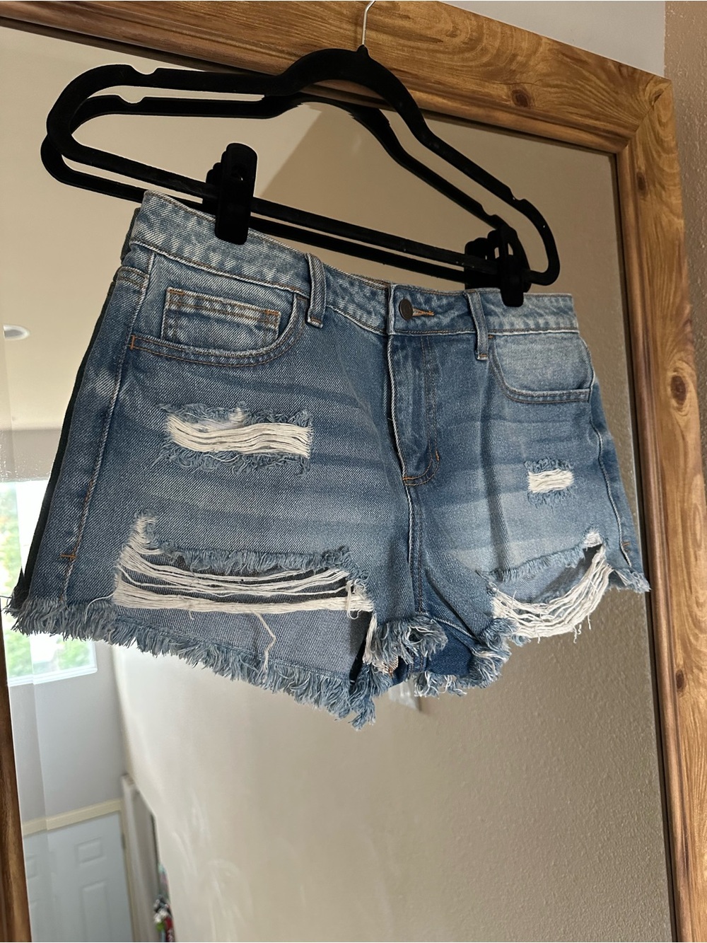 Distressed High-Rise Denim Shorts - Light Blue